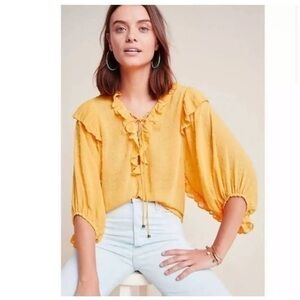 Anthropologie Yellow Ruffles Polka Dots Poof Sleeves Oversized Semi Sheer Top M